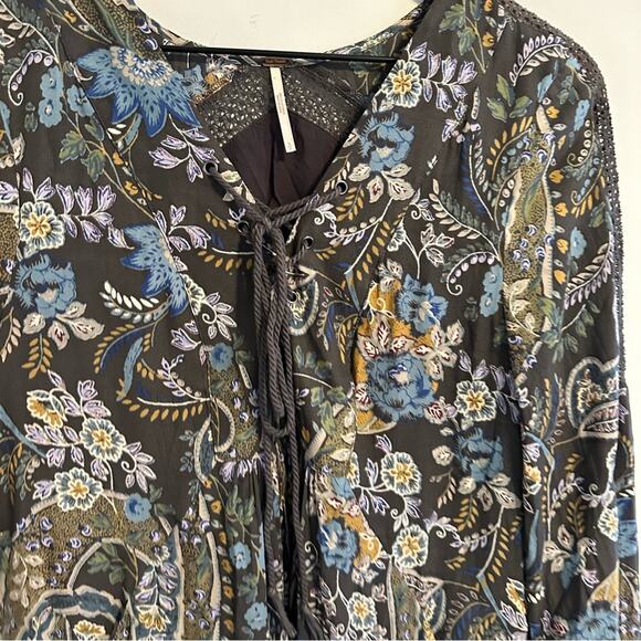 Free People Green Floral Lace Front Long Sleeve Mini Dress Small - Picture 10 of 14